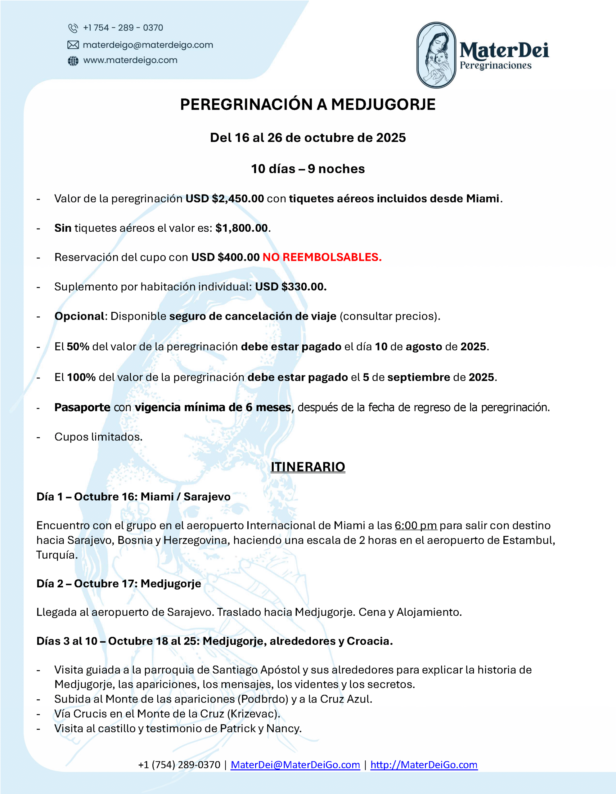 Mater Dei Peregrinaciones - Itinerario a Medjugorje, Octubre 2025